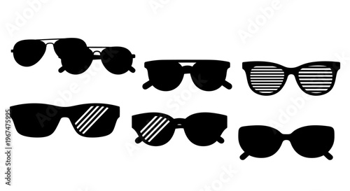 Collection of various stylish sunglasses silhouettes for summer fashion and eye protection.