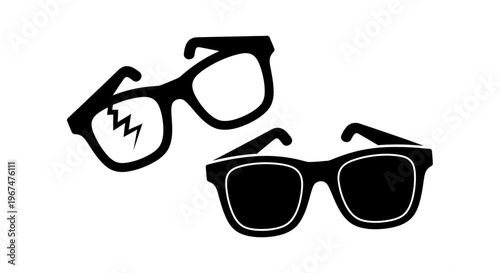 Broken and whole eyeglasses vector illustration.