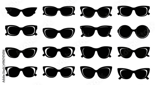 Collection of various stylish sunglasses silhouettes on white background.