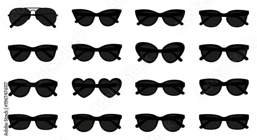 Collection of various black sunglasses on a white background.