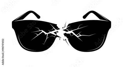 Broken sunglasses with cracked lenses, a symbol of damage and shattered vision.