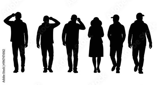Silhouettes of diverse people walking and standing in various poses.