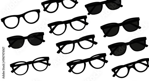 Collection of various black-framed eyeglasses and sunglasses scattered on a white background.