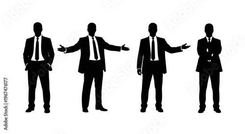 Silhouettes of businessmen in suits standing in various poses.