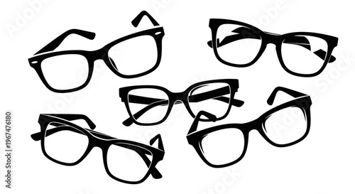 Collection of various black-rimmed eyeglasses with clear lenses scattered on a white background.