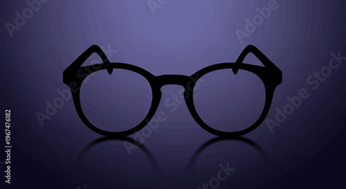 Stylish Eyeglasses Silhouette on Reflective Surface with Purple Backlight.