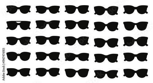 Collection of various black sunglasses silhouettes on a white background.