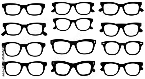 Collection of various eyeglasses and spectacle frames in black silhouette.