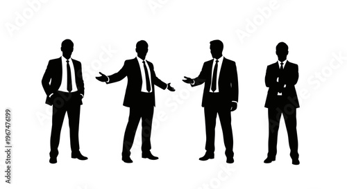 Silhouettes of four professional businessmen in suits standing in various poses.