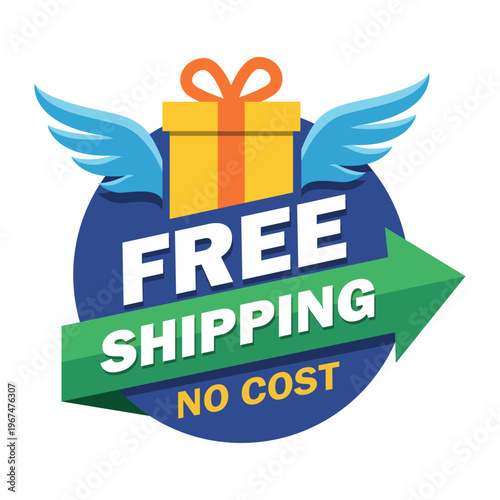 Dark blue circular e-commerce badge featuring a winged yellow gift box, a faceted green arrow ribbon, and text reading FREE SHIPPING NO COST for online retail delivery promotions.