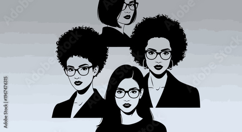 Diverse group of women in glasses, black and white illustration.