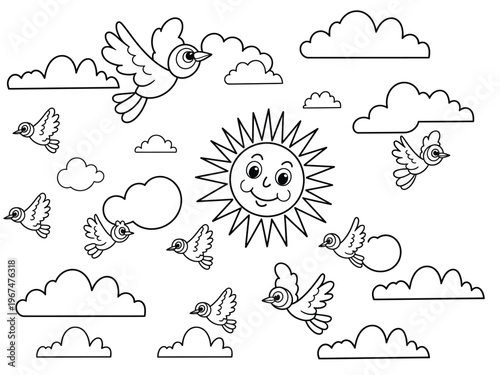 Canvas Print Smiling sun and birds flying in cloudy sky, coloring page