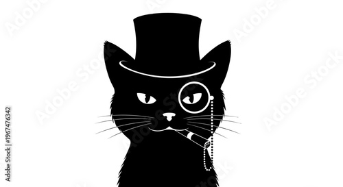Elegant Black Cat Wearing a Top Hat and Monocle.