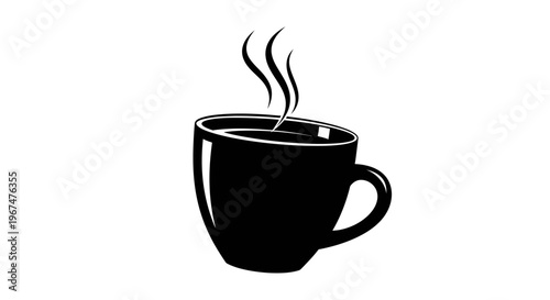 Steaming hot coffee cup silhouette on white background.