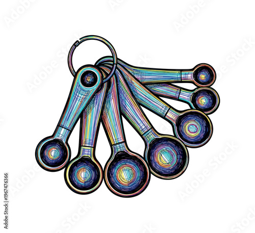 Colorful set of measuring spoons with a unique artistic line drawing style