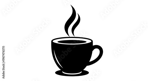 Steaming hot coffee cup silhouette on white background.