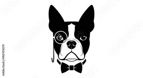Elegant Boston Terrier dog with monocle and bow tie.