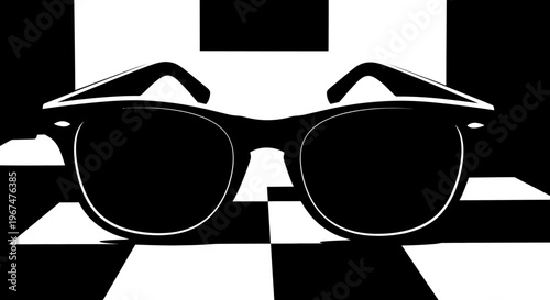 Stylish Sunglasses on a Black and White Checkered Background.