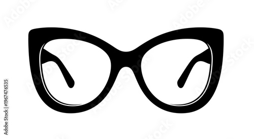 Stylish Black Cat Eye Glasses Silhouette on White Background.