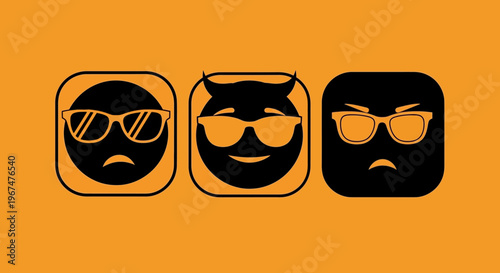 Three distinct emoji faces with sunglasses on an orange background.