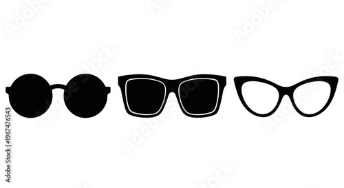Three distinct styles of eyeglasses and sunglasses in black silhouette.