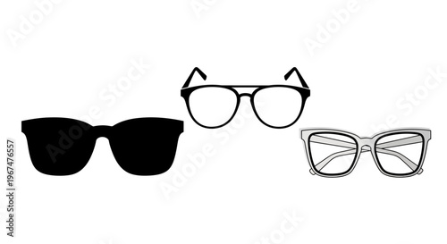 Three different styles of eyeglasses and sunglasses on a white background.