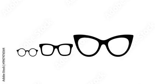 Three pairs of black-rimmed glasses in varying sizes, from small round to large cat-eye, on a white background.