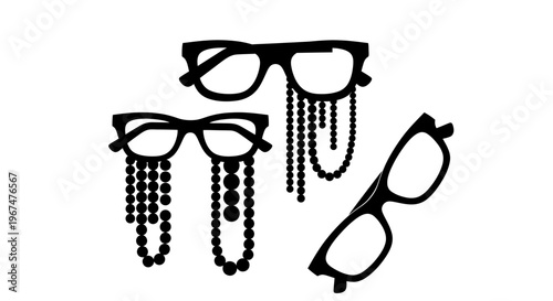 Three pairs of glasses, two with dangling beads, one plain, in a minimalist black and white style.