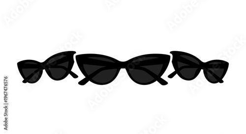 Three stylish black sunglasses in a row on a white background.
