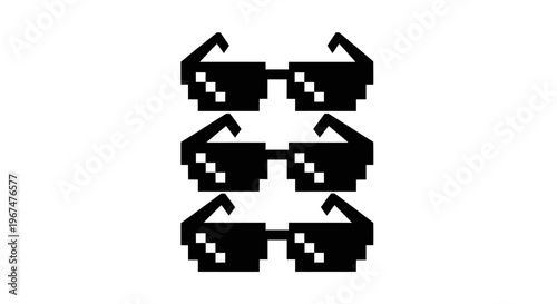 Three pixelated sunglasses arranged vertically on a white background.