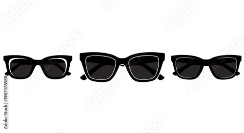 Three stylish black sunglasses with dark lenses on a white background.