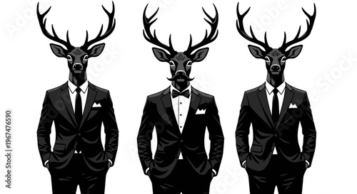 Three stylish deer in suits standing together.