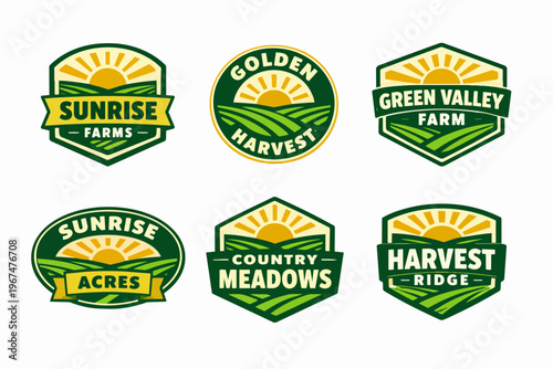 Organic farm and harvest logos showing fields, rolling hills, and a rising sun design