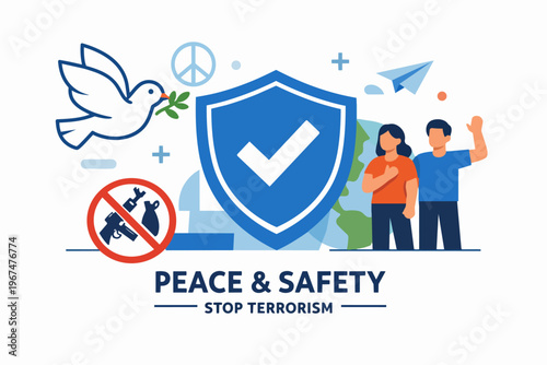 Global peace and security concept showing a shield protecting people from terrorism