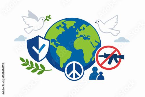 Global peace concept with planet Earth, doves, and symbols for security and disarmament