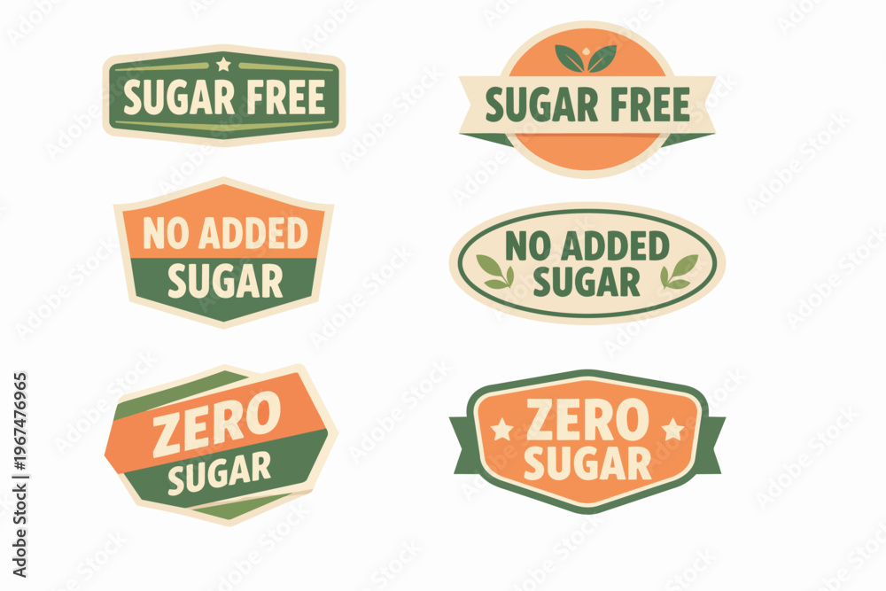 Obraz premium Sugar free and zero added sugar product labels collection flat vector graphics