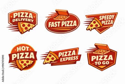 Collection of stylized pizza delivery, fast food, and express service logos