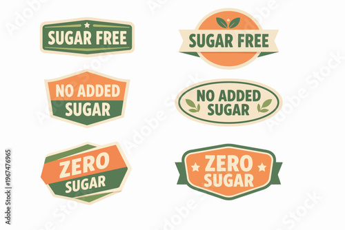 Sugar free and zero added sugar product labels collection flat vector graphics