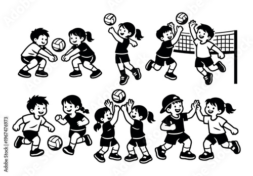 Cartoon kids playing volleyball, bumping, setting, spiking, and high-fiving, showing energy, collaboration, and sportsmanship