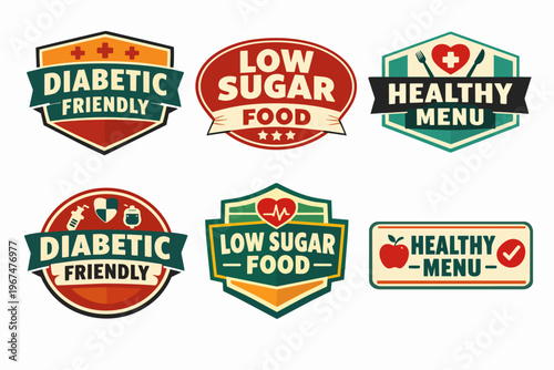 Collection of diabetic friendly, low sugar food, healthy menu badges and labels