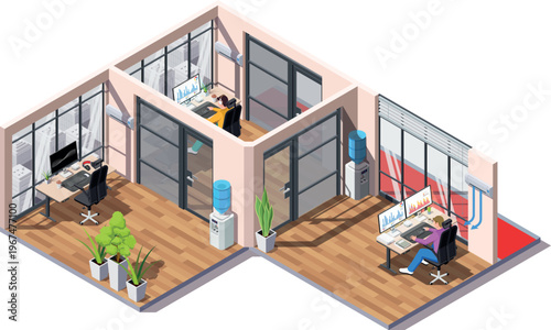 Isometric Modern Office Interior with Workspaces and Professional Characters