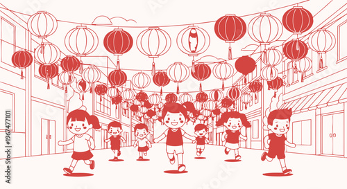 Happy children run through a festive street decorated with many hanging lanterns during a traditional cultural celebration