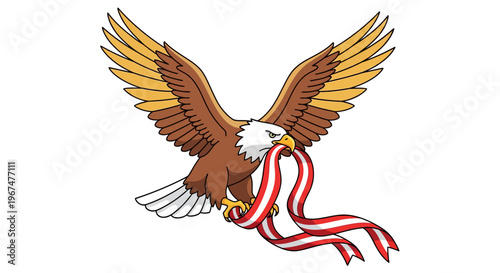 Majestic bald eagle illustration flying with a red and white striped ribbon held in its beak and talons on a plain