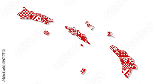 Red and white geometric patterns fill the shapes of the Hawaiian Islands on a plain white background with soft drop shadows