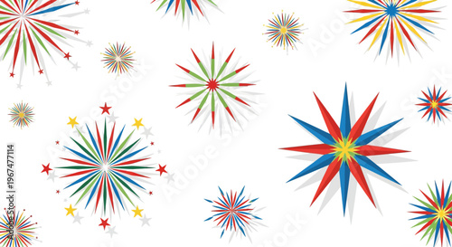 Vibrant geometric firework illustrations in red blue and green burst across a bright white space to create a festive atmosphere