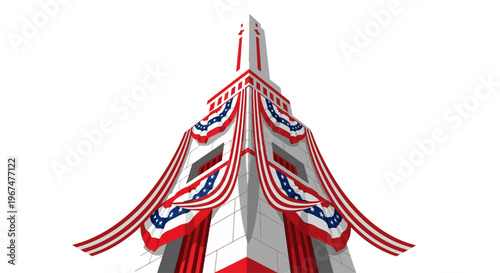 Low angle view of a tall white tower adorned with American patriotic bunting and stars for a national holiday celebration