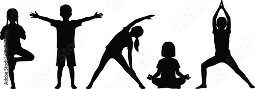 Collection of children yoga silhouettes featuring boys and girls in various fitness poses and meditation stances isolated on white background for healthy lifestyle design