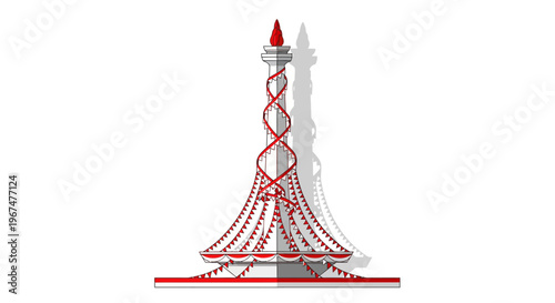 A minimalist illustration of the Indonesian national monument decorated with red and white festive flags