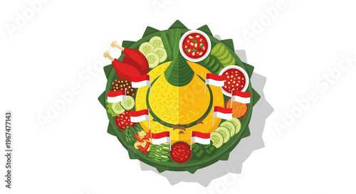 An illustration of traditional Indonesian nasi tumpeng yellow rice cone served with various side dishes and national flags