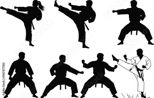 Collection of karate martial arts silhouettes featuring male and female fighters in kicking and combat stances isolated on white background for sports design